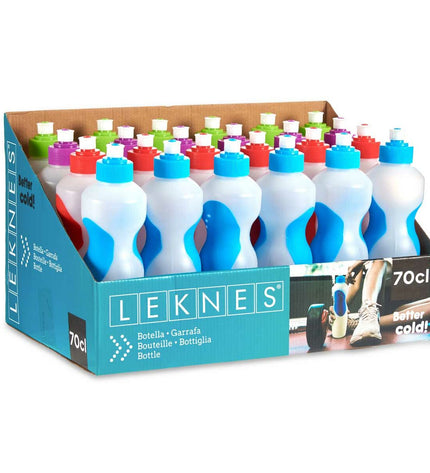 Set of 24 Leknes 700ml polyethylene water bottles for sports, outdoor activities, camping, and hiking, shown in a pack.