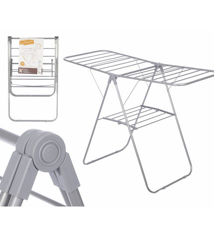 Set of four gray foldable metal clothes drying racks, each measuring 136.5 x 59 x 93.5 cm, for home laundry organization.