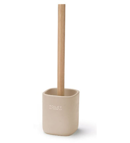 Set of six beige Berilo toilet brushes with wood-patterned handles, 9.6 x 37 x 9.5 cm, suitable for bathroom use.