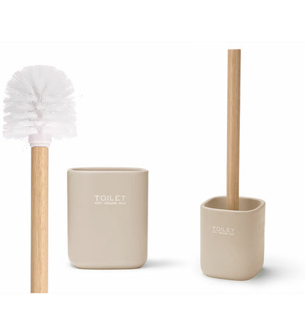 Set of six Berilo beige and white toilet brushes with wood-polyresin handles, ideal for bathroom cleaning, dimensions 9.6 x 37 x 9.5 cm.