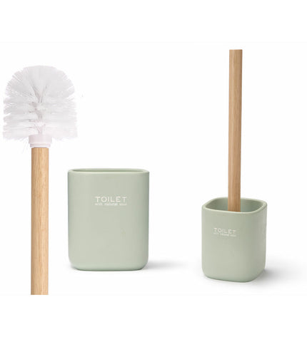 Set of six Berilo white and green wood-style polyresin toilet brushes with holders, ideal for bathroom and household use.