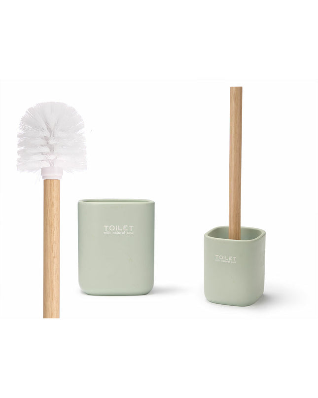 Set of six Berilo white and green wood-style polyresin toilet brushes with holders, ideal for bathroom and household use.