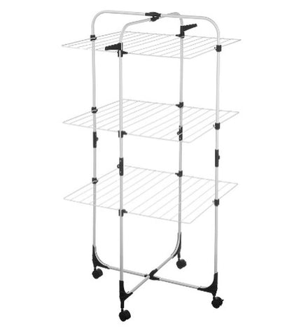 White and black foldable vertical clothes drying rack on wheels, metal, 69x135x62.5 cm, suitable for home laundry and storage.