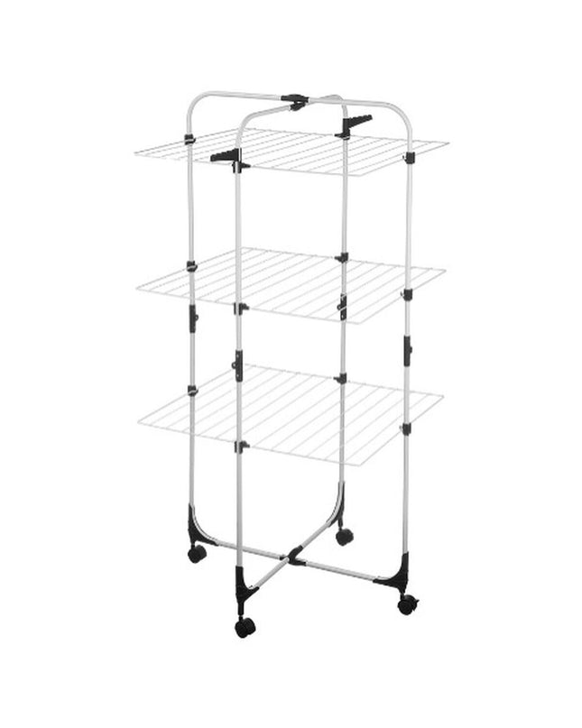 White and black foldable vertical clothes drying rack on wheels, metal, 69x135x62.5 cm, suitable for home laundry and storage.