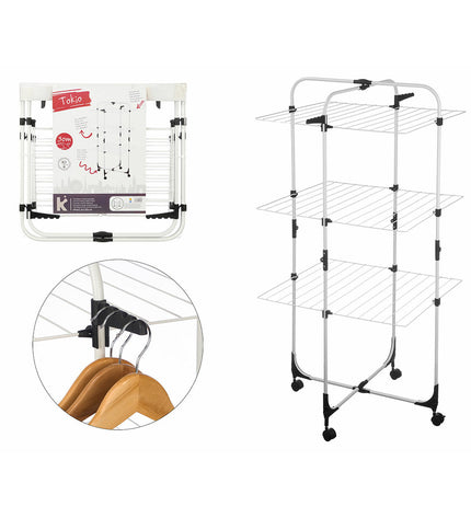 White and black foldable vertical clothing drying rack on wheels, metal, 69x135x62.5 cm, suitable for home storage and organization.