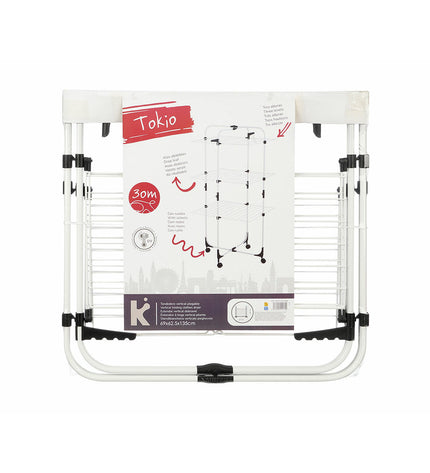 White and black foldable vertical clothes drying rack on wheels with four units, made of metal, measuring 69 x 135 x 62.5 cm.