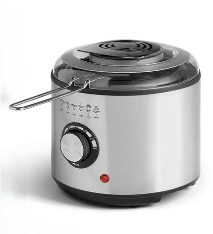 Argon black and transparent 1L deep fryer with silver accents, 950W, compact electric kitchen appliance for frying.
