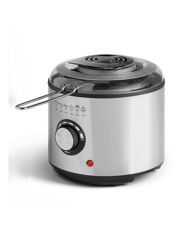 Argon black and transparent 1L deep fryer with silver accents, 950W, compact electric kitchen appliance for frying.