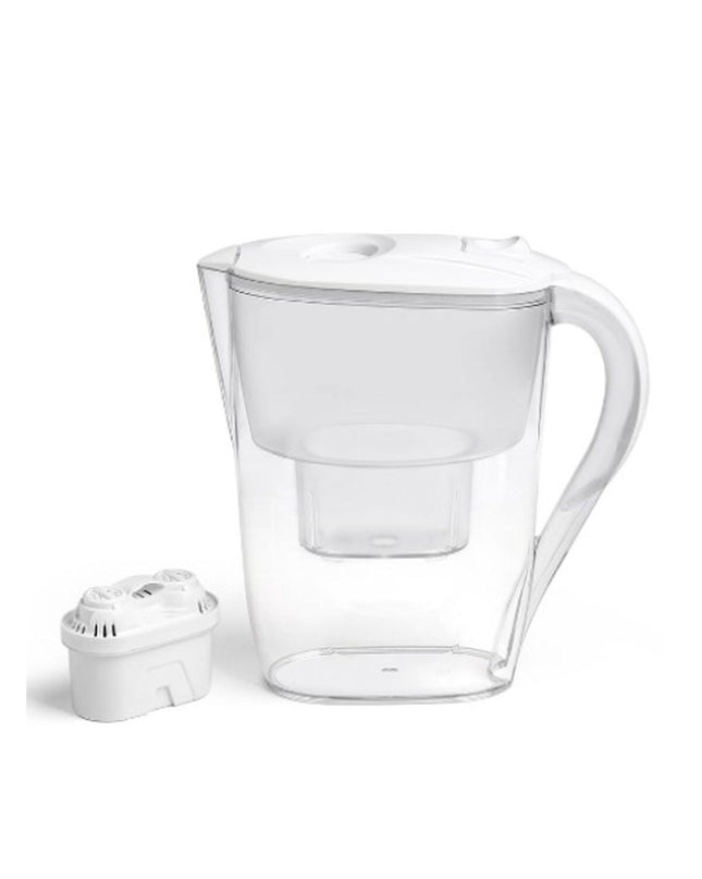 Kinvara transparent white ABS water jug with filter, 2.6L capacity, designed for home cooking and drinking.