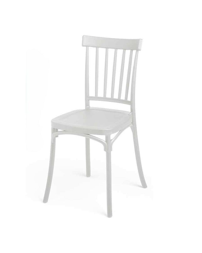 White plastic chair by Gift Decor with metal legs, measuring 42 x 81.5 x 45 cm, suitable for home and kitchen decor.