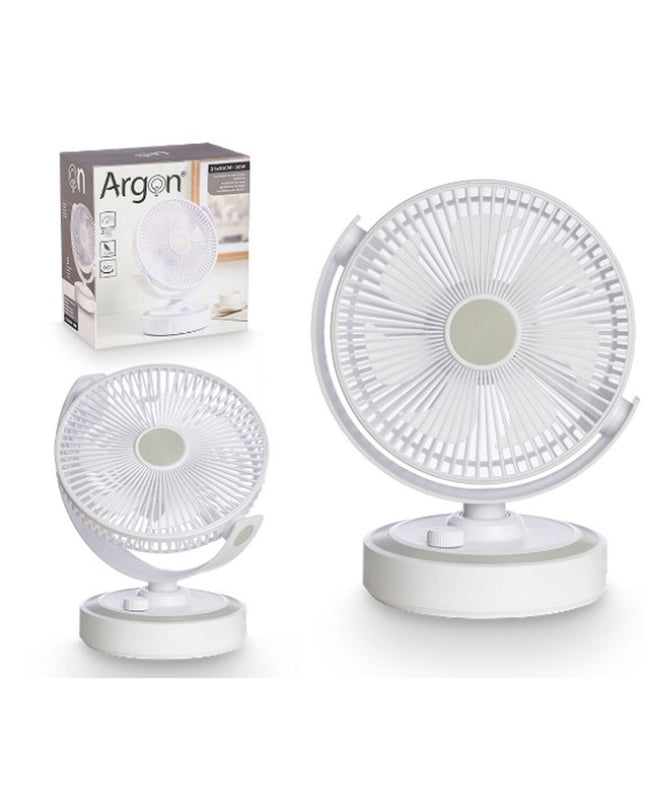 Argon Tafelventilator in wit, compact tabletop fan with 30W power, 21x28x32.5 cm, suitable for home and kitchen cooling.