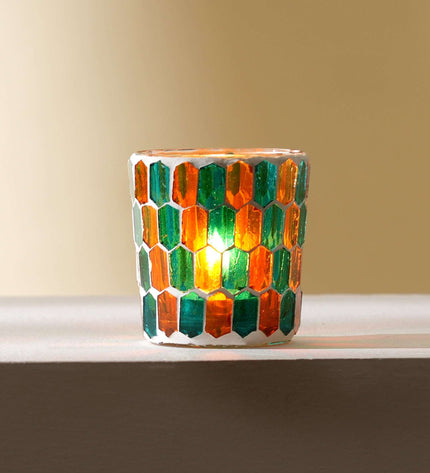 Round Mosaic Glass Votive Candle Holder – Handmade Decorative Tealight Holder
