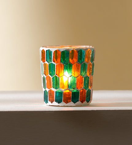 Round Mosaic Glass Votive Candle Holder – Handmade Decorative Tealight Holder