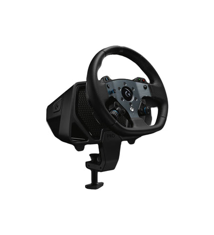 Logitech G PRO racing steering wheel for gaming consoles, with electronic controls and realistic grip for immersive racing experience.
