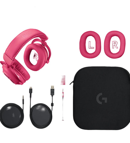 Logitech G PRO X 2 LIGHTSPEED gaming headset with microphone, black, over-ear design, connected to a gaming console.