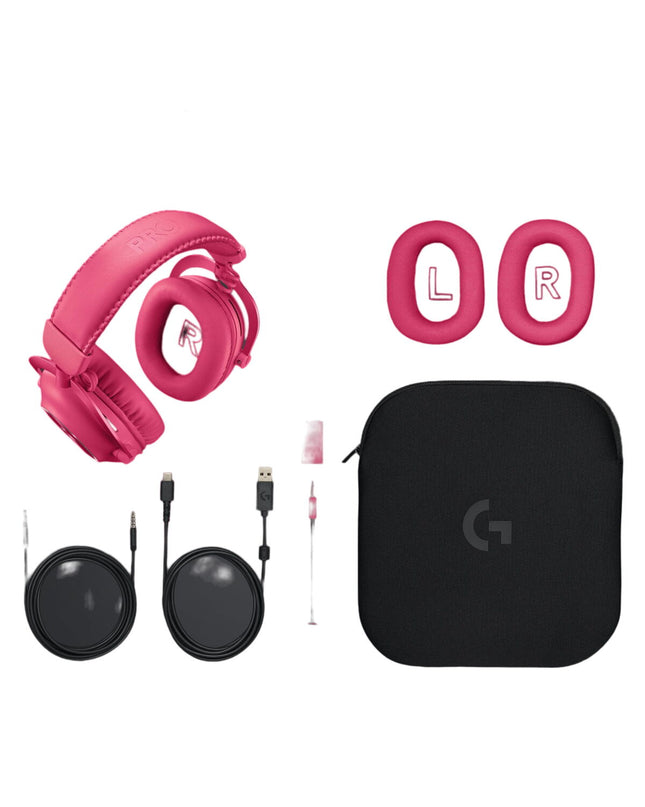 Logitech G PRO X 2 LIGHTSPEED gaming headset with microphone, black, over-ear design, connected to a gaming console.