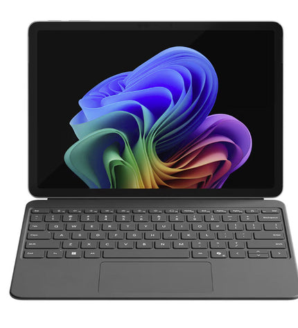 Microsoft EP2-27661 12.3-inch laptop with Qualcomm processor, 16GB RAM, and 512GB SSD, open showing keyboard and screen.