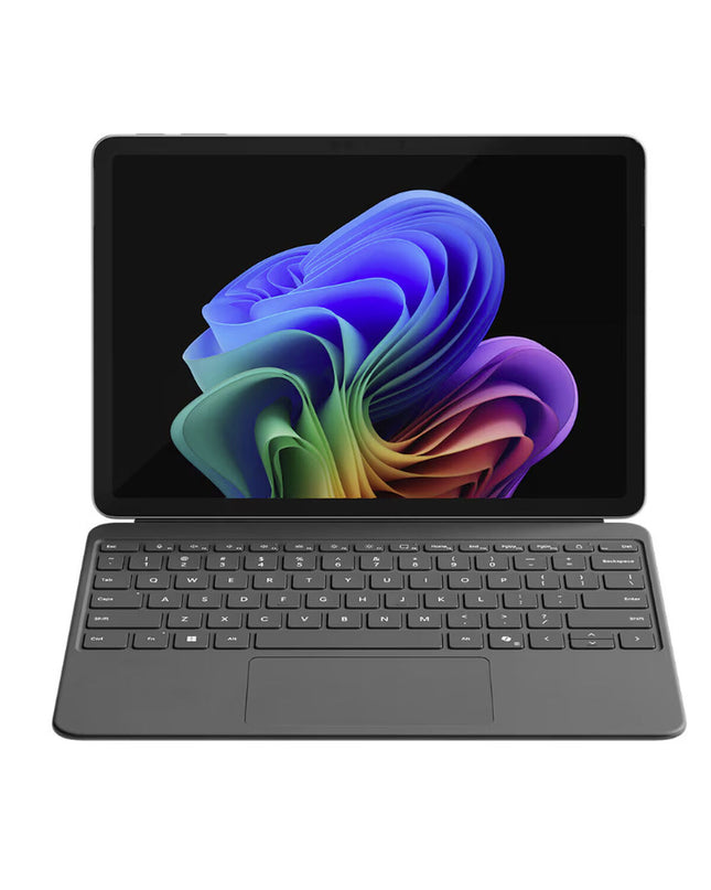 Microsoft EP2-27661 12.3-inch laptop with Qualcomm processor, 16GB RAM, and 512GB SSD, open showing keyboard and screen.