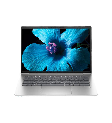 HP 14-inch laptop with 16GB RAM and 512GB SSD, showing the sleek design and open display with keyboard and screen.