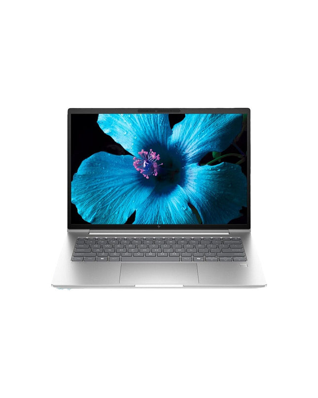 HP 14-inch laptop with 16GB RAM and 512GB SSD, showing the sleek design and open display with keyboard and screen.