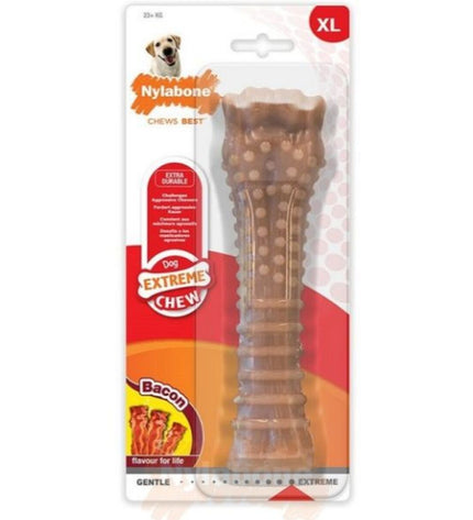 Large Nylabone Dura Chew Bacon dog chew toy made of durable nylon for strong chewers, designed for energetic dogs.