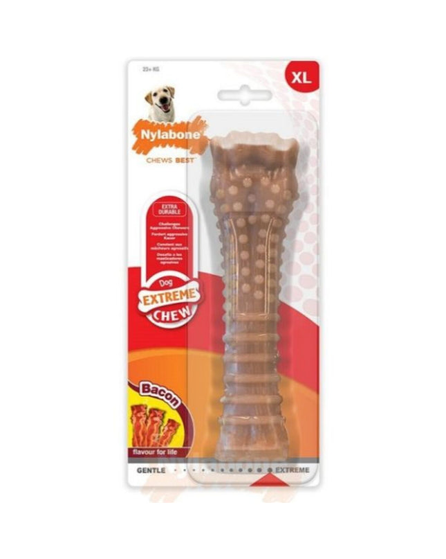 Large Nylabone Dura Chew Bacon dog chew toy made of durable nylon for strong chewers, designed for energetic dogs.