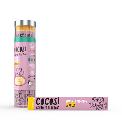 Cocosi Gourmet cat snack with real chicken, 8 pieces, natural ingredients, for feline treats and enrichment.