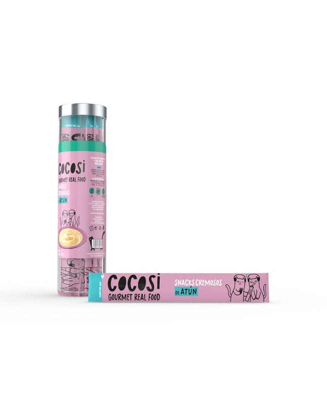 Cocosi Gourmet Real Food Tonijn cat snack with 10 ingredients, 8 pieces, featuring tuna for feline nutrition and tasty treats.