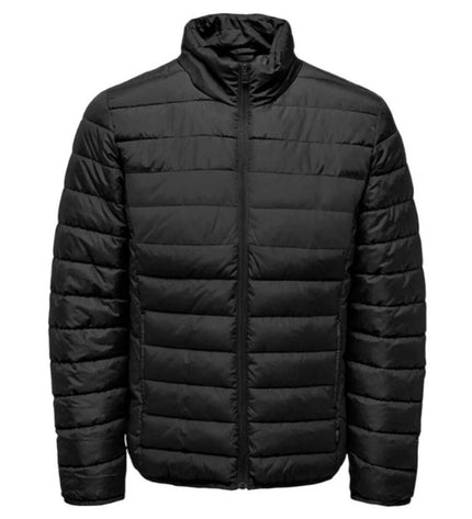 Black men's sport jacket by Only & Sons, Onsbrody Quilt Vd Zwart, shown on a hanger with front view and quilted design.