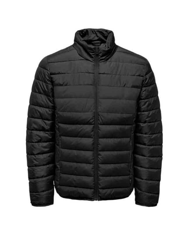 Black men's sport jacket by Only & Sons, Onsbrody Quilt Vd Zwart, shown on a hanger with front view and quilted design.