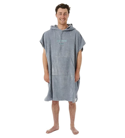 Blue Rip Curl poncho towel with hood, waterproof outdoor and watersport accessory, featuring the Rip Curl logo.