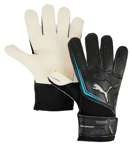 Black Puma Ultra Play RC goalkeeper gloves for adults, designed for soccer, with padded palms and secure wrist straps.