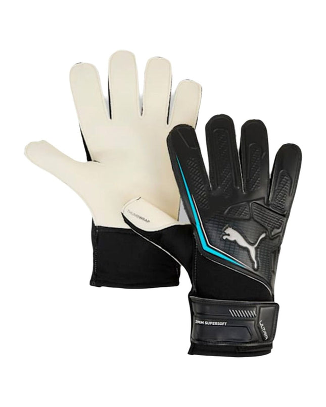 Black Puma Ultra Play RC goalkeeper gloves for adults, designed for soccer, with padded palms and secure wrist straps.