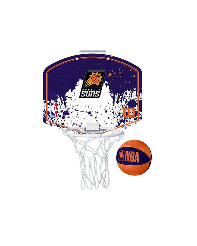 Wilson NBA Team Mini Hoop basketball set featuring a multicolour basketball and a mini hoop for indoor sports and outdoor play.