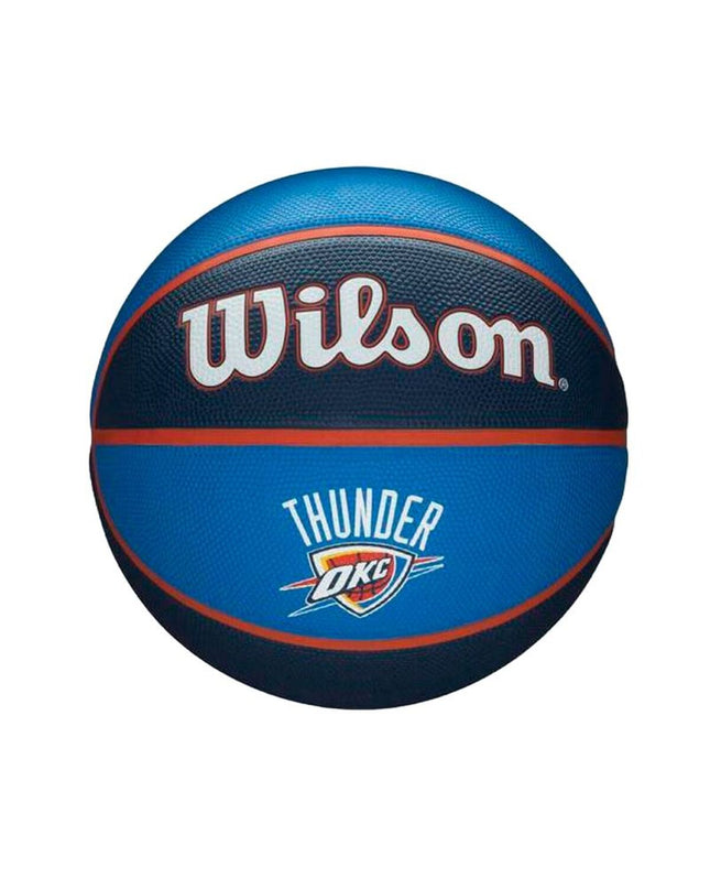 Wilson NBA Team Tribute OKC basketball in blue, natural rubber, size 7, designed for sport and outdoor play.