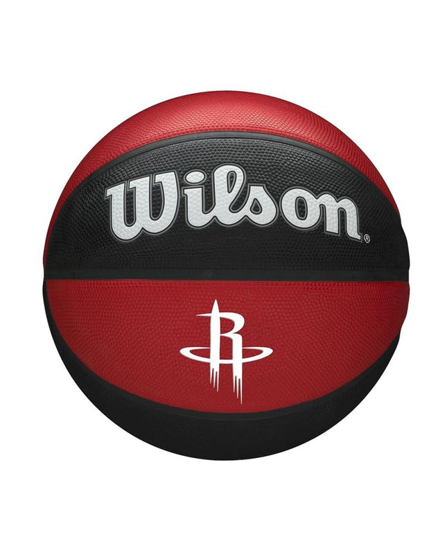 Wilson NBA Team black rubber basketball for outdoor sports, featuring team logo and textured surface for grip.