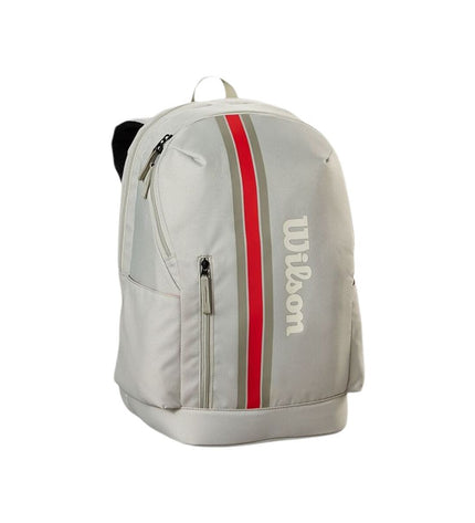 Wilson Team Backpack for tennis, sporty outdoor bag with multiple compartments, designed for tennis players and sports enthusiasts.