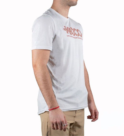 White +8000 short-sleeve T-shirt for sport and outdoor activities, suitable for camping and hiking, displayed on a model.