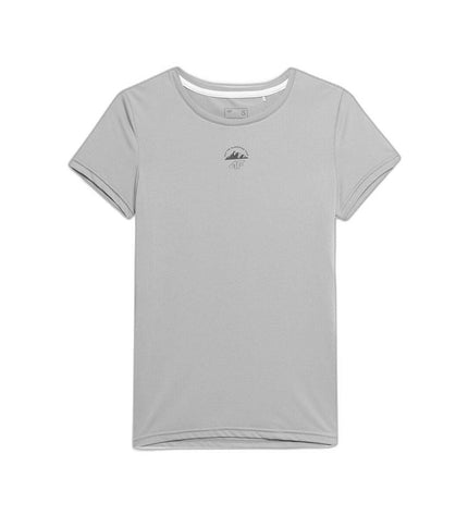 Gray 4F sport T-shirt with short sleeves, ideal for outdoor activities like camping and hiking, shown on mannequin.
