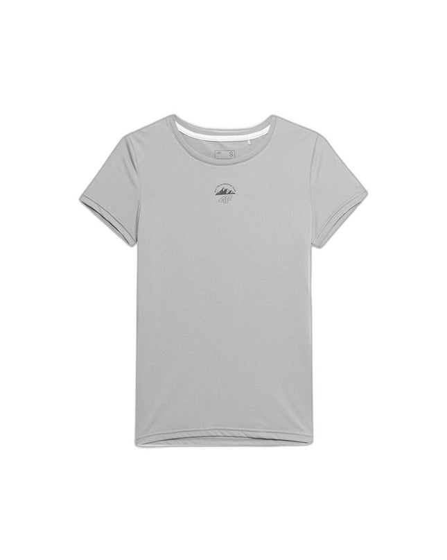 Gray 4F sport T-shirt with short sleeves, ideal for outdoor activities like camping and hiking, shown on mannequin.