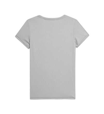 Gray 4F sport T-shirt with short sleeves, ideal for outdoor activities and camping, shown on a model.