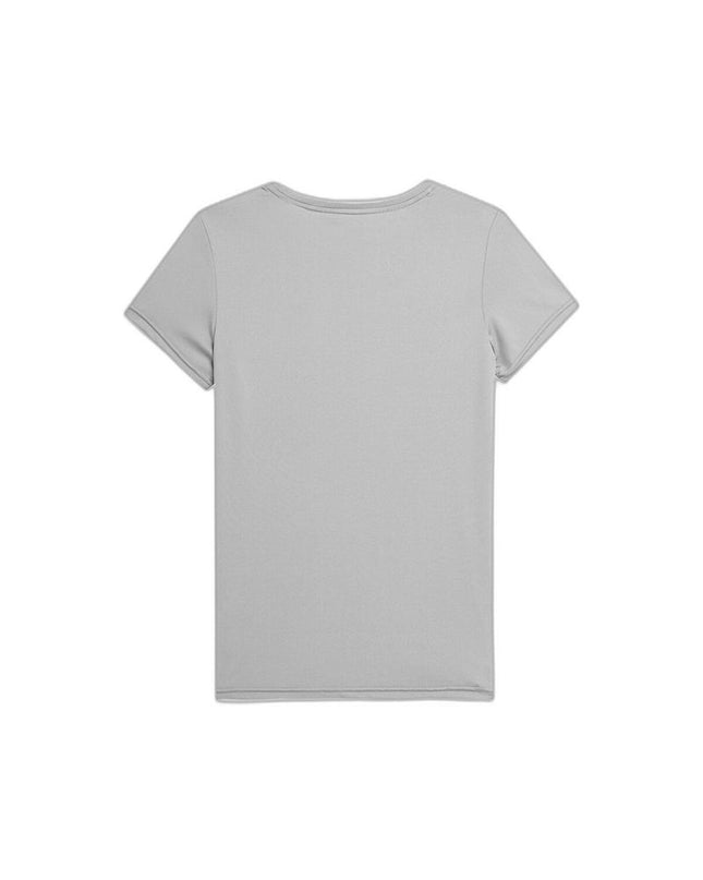 Gray 4F sport T-shirt with short sleeves, ideal for outdoor activities and camping, shown on a model.
