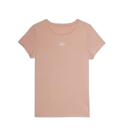Bright coral 4F sport T-shirt with short sleeves, suitable for outdoor activities and camping, displayed on a hanger.