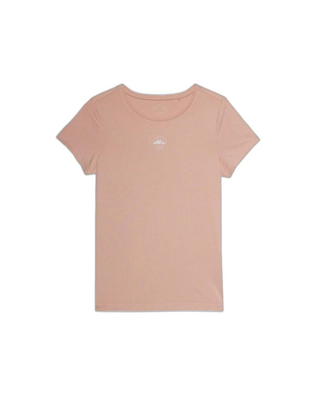 Bright coral 4F sport T-shirt with short sleeves, suitable for outdoor activities and camping, displayed on a hanger.
