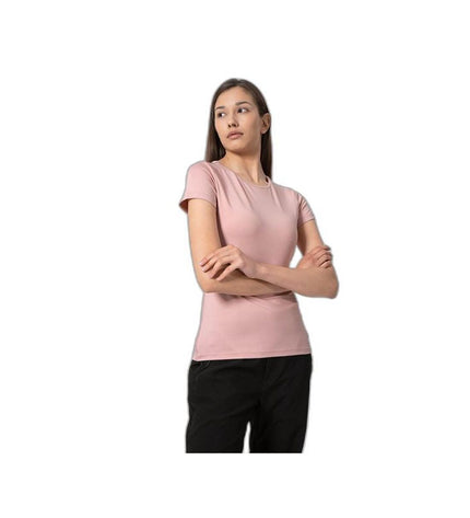 Pink 4F sport T-shirt with short sleeves, ideal for outdoor activities like camping and hiking, shown on a hanger.