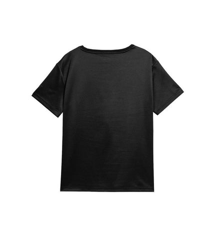Black 4F short-sleeve T-shirt for sport and outdoor activities, ideal for camping and hiking, shown on model.