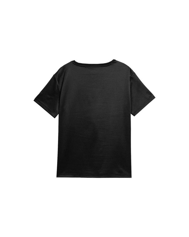 Black 4F short-sleeve T-shirt for sport and outdoor activities, ideal for camping and hiking, shown on model.