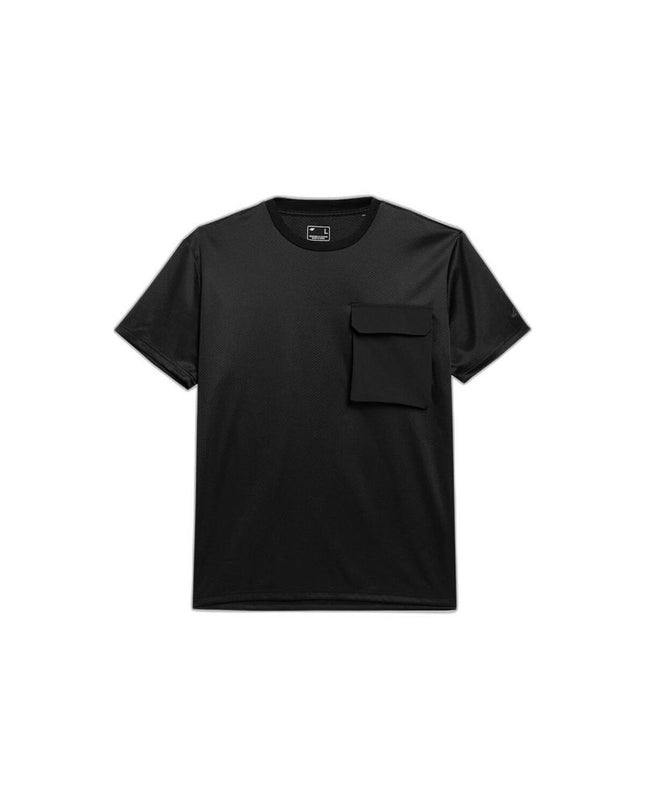 Black 4F sport T-shirt with short sleeves, ideal for outdoor activities like camping and hiking.