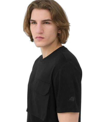 Black 4F sport T-shirt with short sleeves, ideal for outdoor activities like camping and hiking, shown on a hanger.