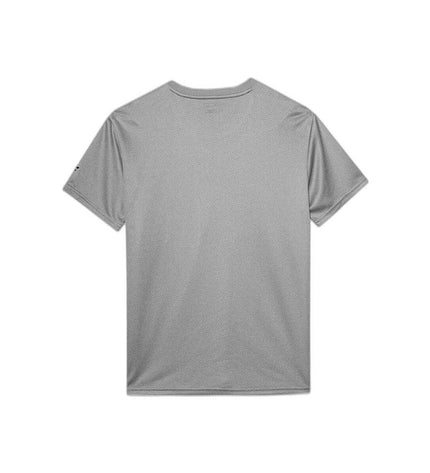 Gray 4F sport T-shirt with short sleeves, ideal for outdoor activities like camping and hiking, shown on a hanger.